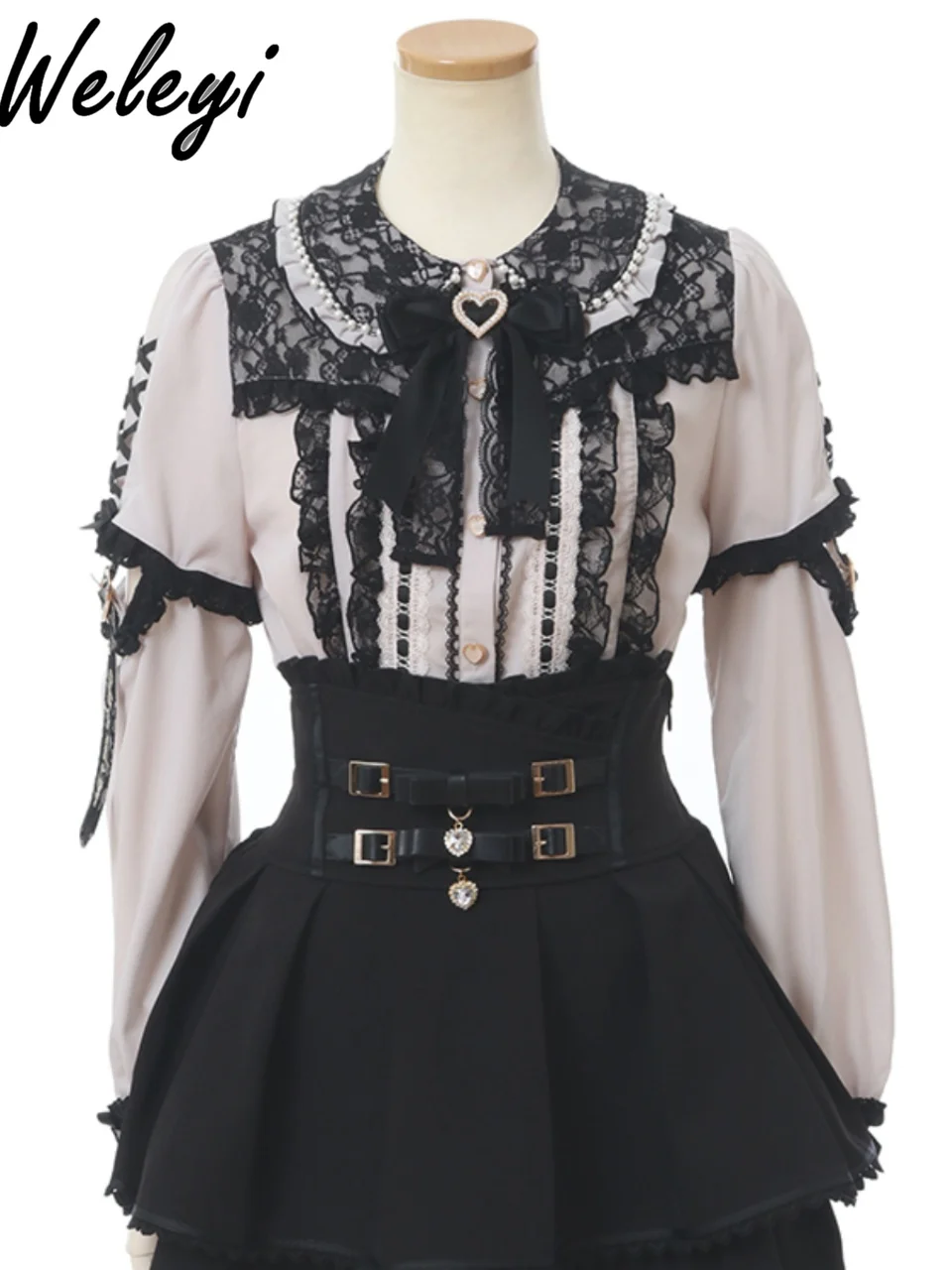 Japanese Jirai Kei Lolita Blouse Women's Fashion 2024 Spring New Mine Series Sweet Detachable Sleeve Lace Patchwork Black Shirts