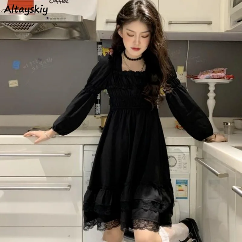 

Women Long Sleeve Dress Solid Black Lace Pleated Lovely Square-collar Sweet Elegant Trendy High-waist Ulzzang A-line Girls Sexy