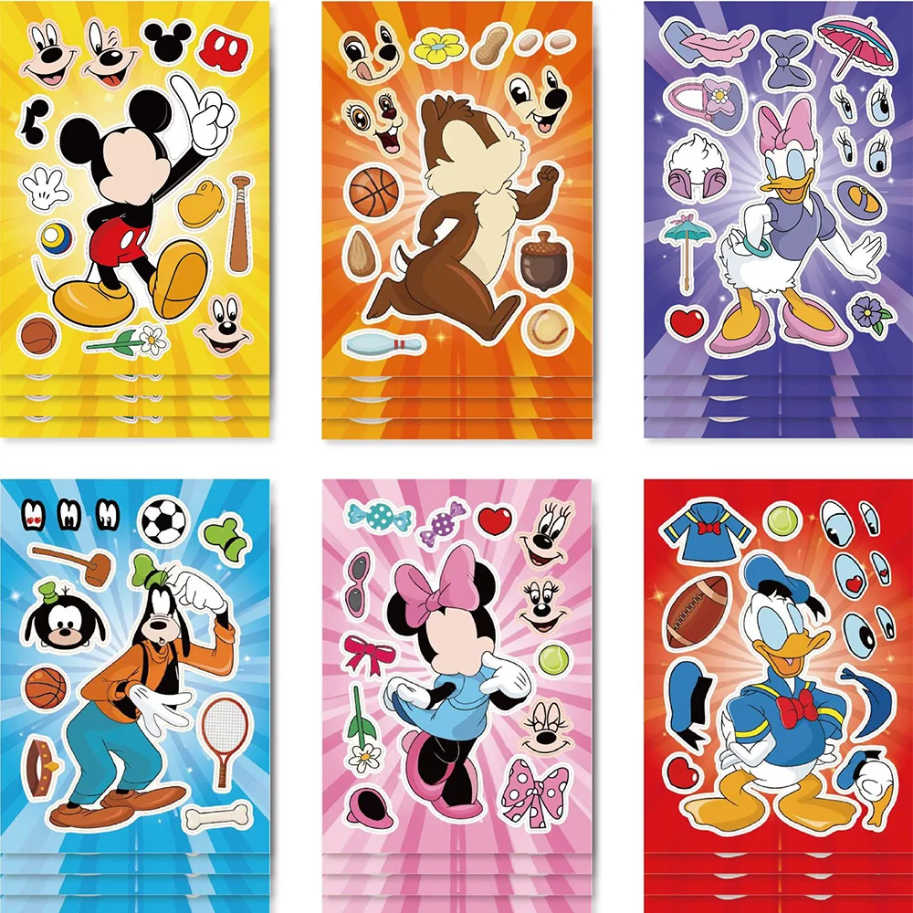 6/12sheets Cute Disney Mickey Mouse Stickers Make a Face Cartoon Sticker Diary Scrapbooking Luggage Phone Kid Decal Toys Gift