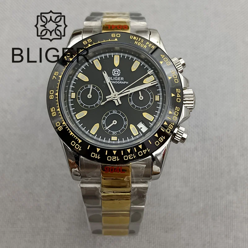 

BLIGER 39mm Quartz Chronograph Watch For Men Japan VK63 Movement Two Tone Gold Case Sapphire Glass Multifunctional Time Meter