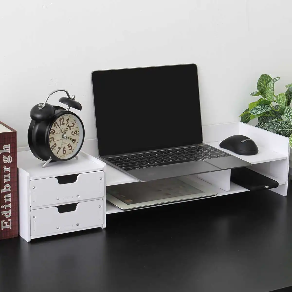 Monitor Laptop Stand PC Computer Support PVC Wood Desktop Shelf Drawers Storage Screen Riser Holder Desk Organizer E