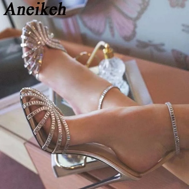 

Aneikeh2024 Shiny Crystal Narrow Band Thin High Heels Women Summer Fashion Sexy Silk Round Head Buckle Strap Sandals Party Dress