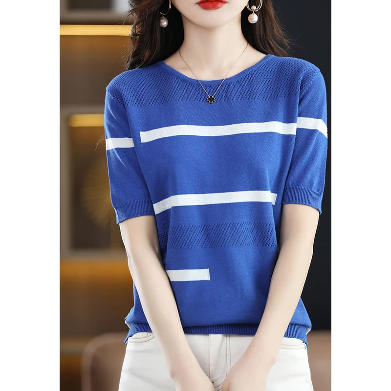 Spring Summer O Neck Vintage Striped Patchwork Knitting Tee Ladies Loose Casual All-match Pullover Top Women Hollow Out T-shirt