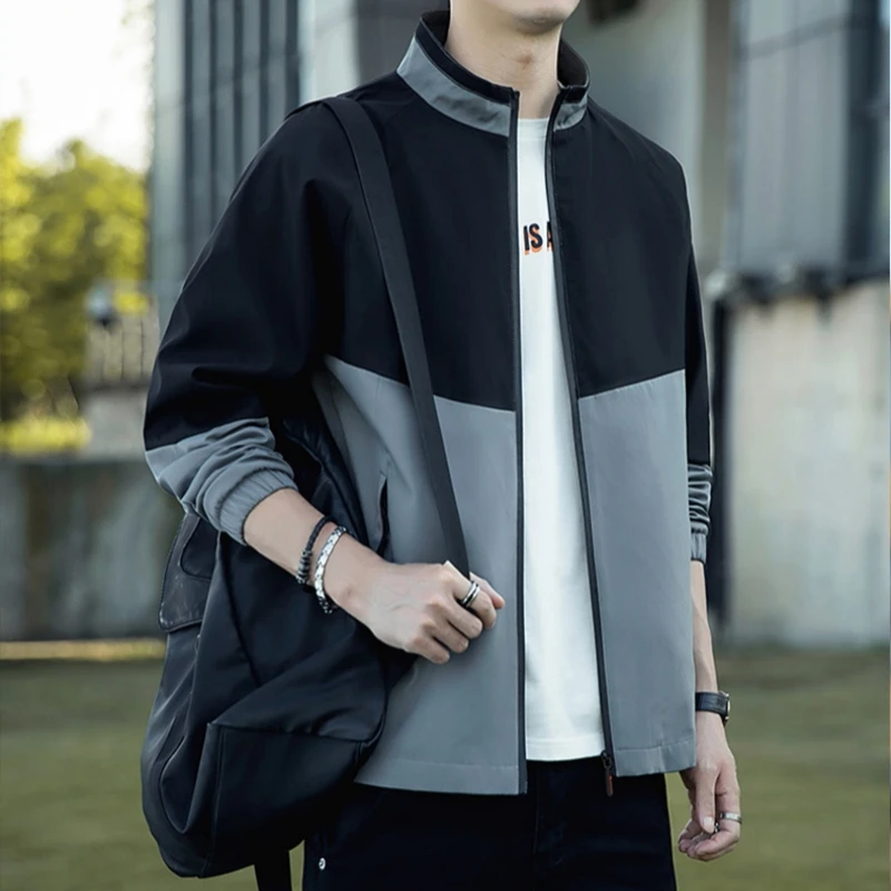 Spring Autumn Men's Long Sleeve Standing Neck Jacket Fashion Color Matching Casual Versatile Top Slim Fitting Sport Coat