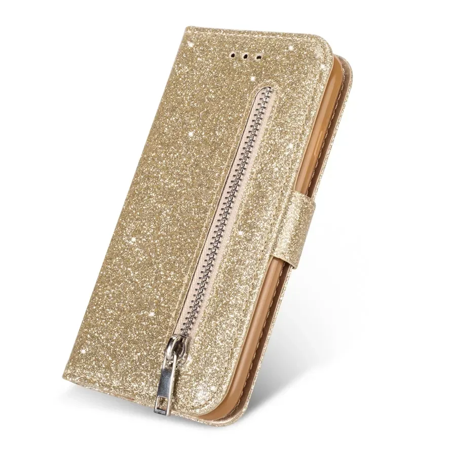 Bling Glitter Magnetic Flip Zipper Leather Wallet Case