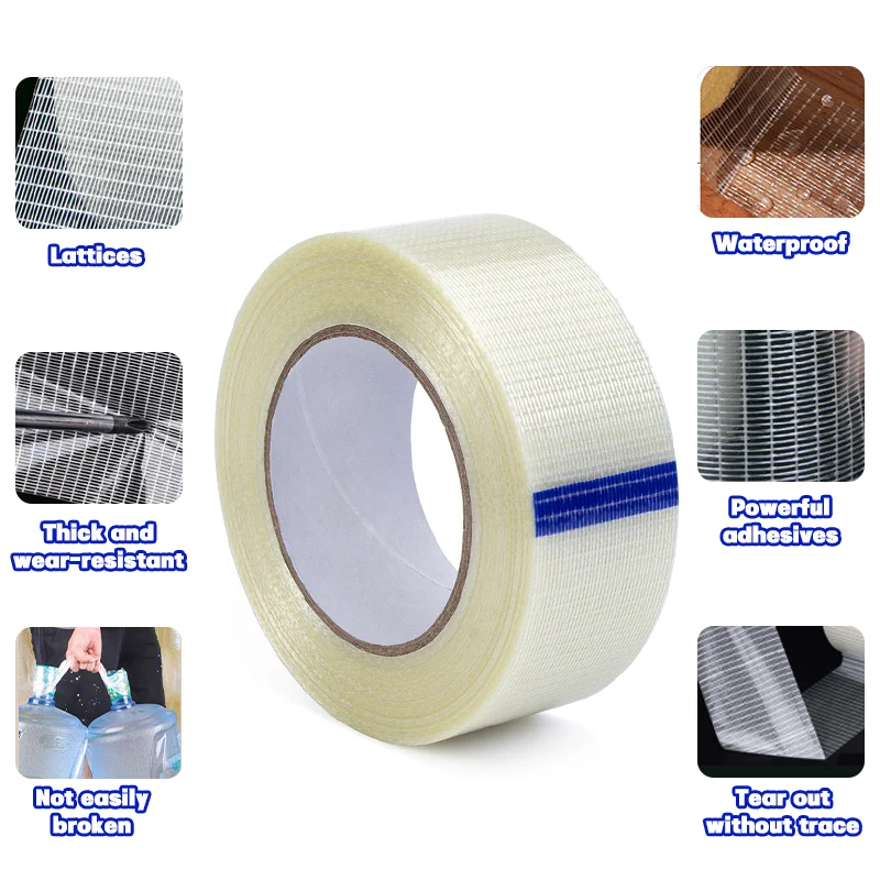 Fiber Tape Tape Strong Mesh Fiberglass Reinforced Transparent Single Side Adhesive Seal Packaging Fixed 25M