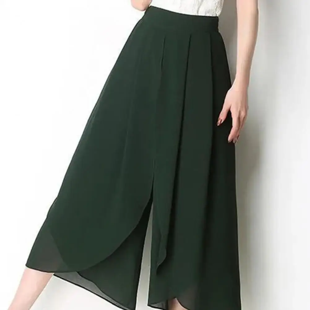 

High Waist Pants Chiffon Double Layers Split Hem Wide Leg Pants Stylish Mid-calf Cropped Trousers for Women with High Elastic