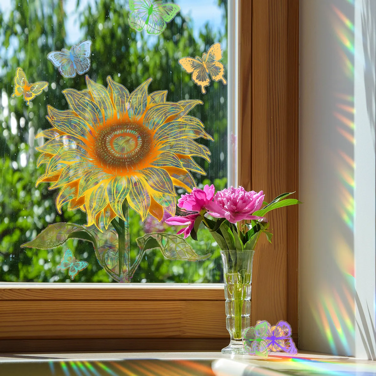 Big Sunflower Butterfly Suncatcher Decals Rainbow Maker PVC Window Glass Sun Catcher Stickers Prisms Sunlight Sticker Home Decor