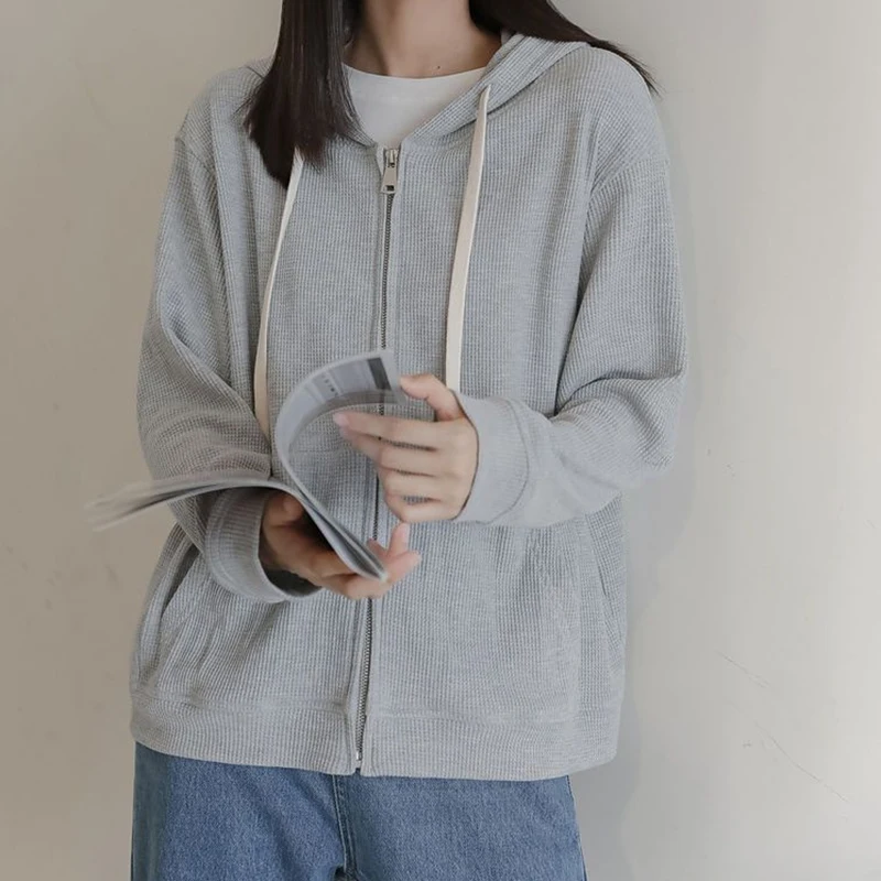 

2023 New Autumn Zip-up Hoodies Women Korean Long Sleeve Coat Student Plus Size Gray Pink Hooded Tops Female