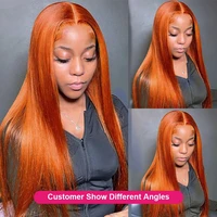 Perruque Lace Front Wig naturelle brésilienne, cheveux lisses, orange, HD, pre-plucked, pour femmes 3