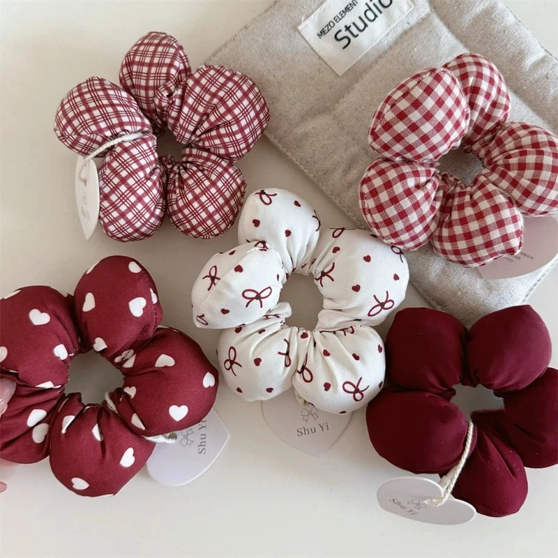 Red Cotton Cute Floral Hair Band with Bow and Plaid Design