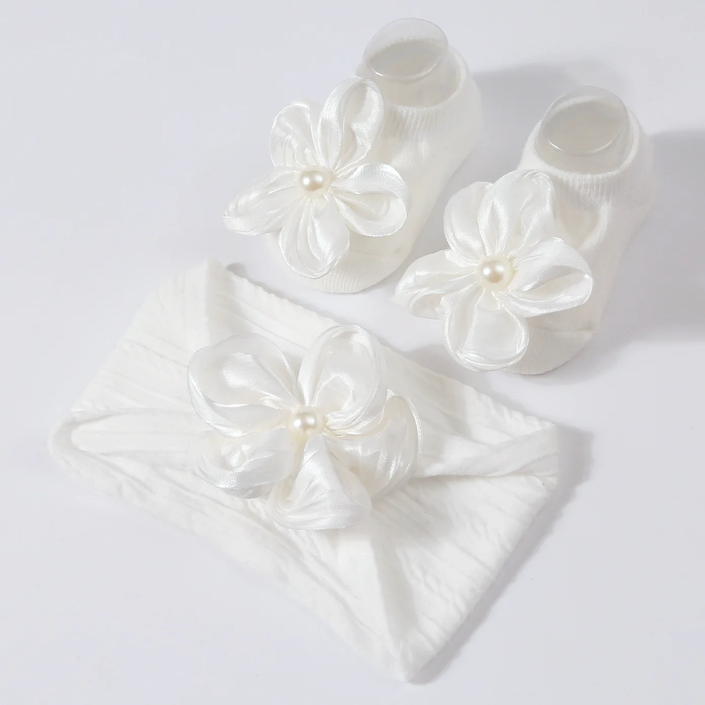 2Pcs 꽃 머리띠 양말 세트 소녀 귀여운 진주 탄성 헤어 밴드 터번 솔리드 소프트 양말 키즈 액세서리