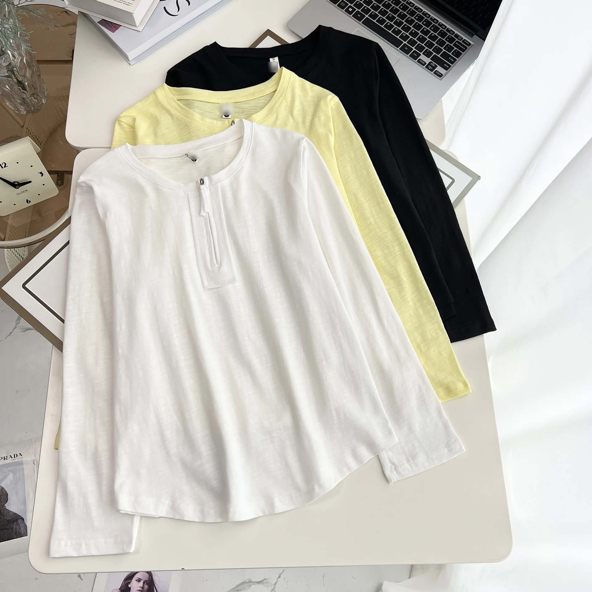 Plus Size Women's T-Shirt Casual Long Sleeve Zipper half-open Collar Solid Color Basic Tops 2555