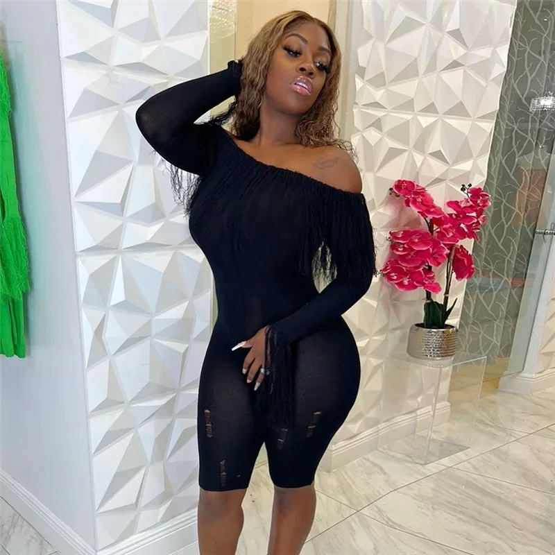 Women Solid Tassel Knitted Playsuits Sexy Slash Neck Off Shoulder Long Sleeve High Stretch Slim Rompers Party Club Overalls