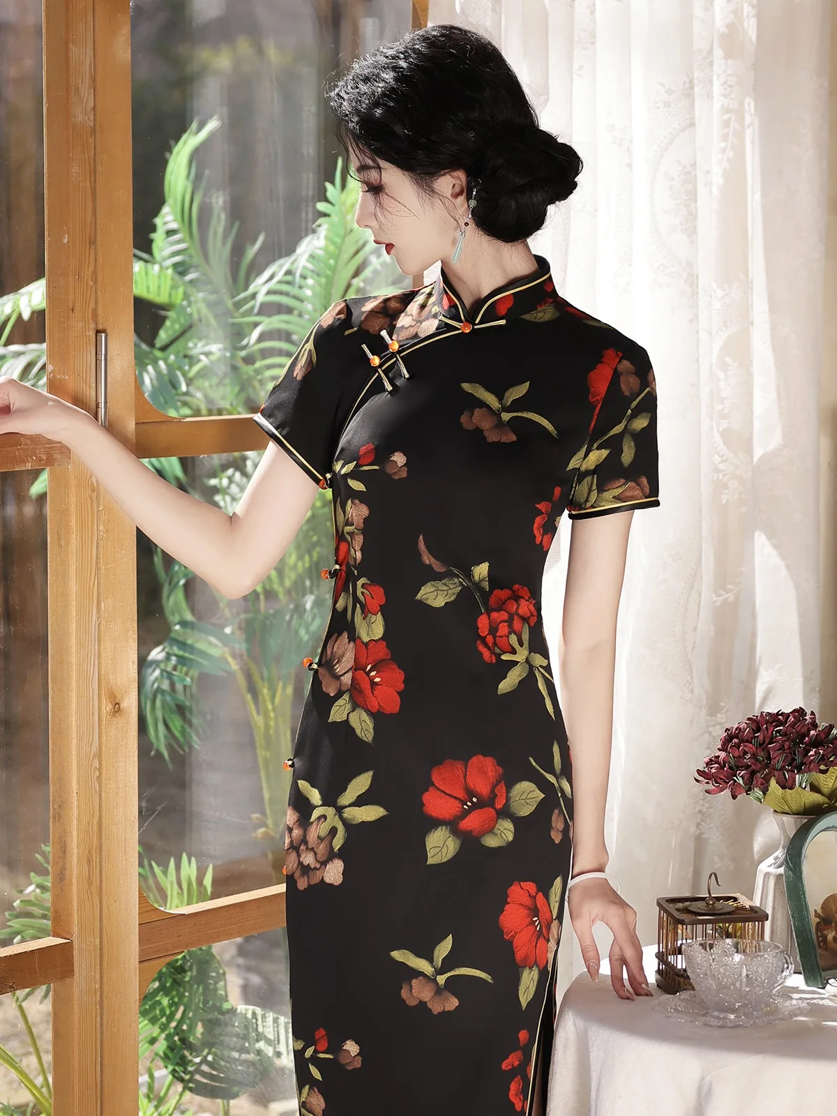 

Young Elegant Lady Style Black Chiffon Cheongsam Spring/Summer New Chinese Short Sleeve Daily Wearable Dress