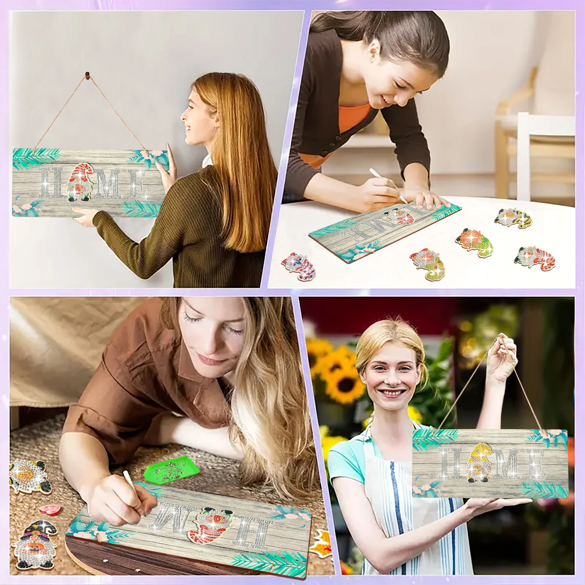 8pcs/set DIY Diamond Art Interchangeable Welcome Sign Wood Crystal Rhinestone Gnomes Diamond Painting Welcome to Our Home