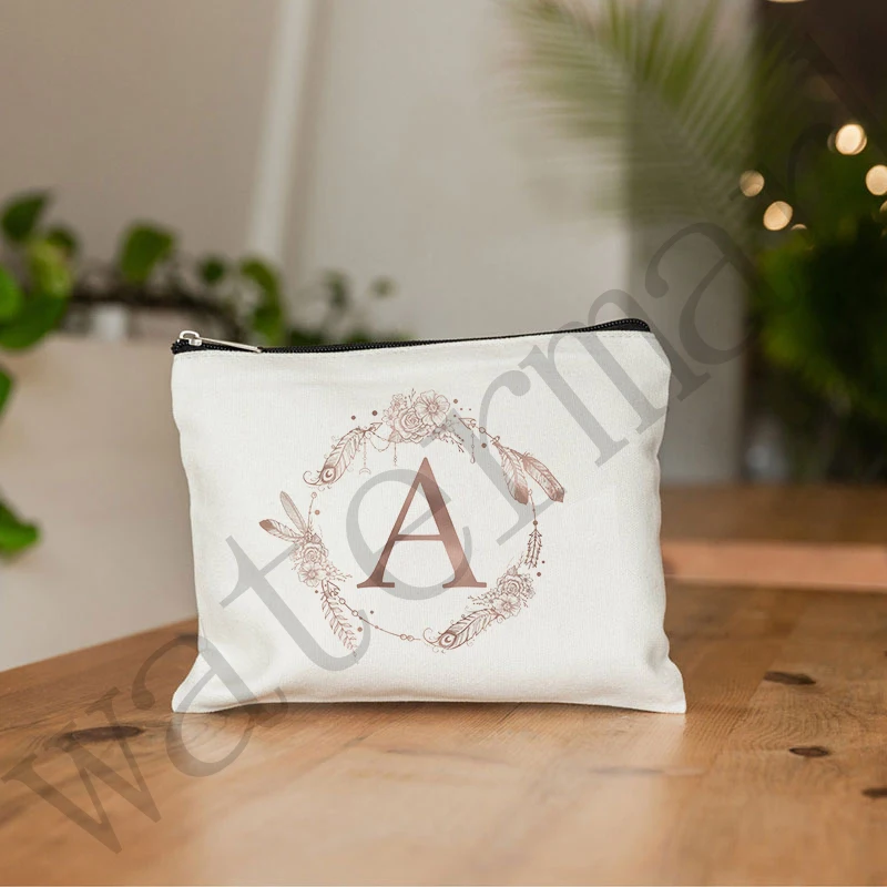 

26 Initials Flower Cosmetic Bag Women Travel Bridesmaid Gift Ladies Portable A-Z Letter Makeup Bags Beauty Bag Cosmetic Case
