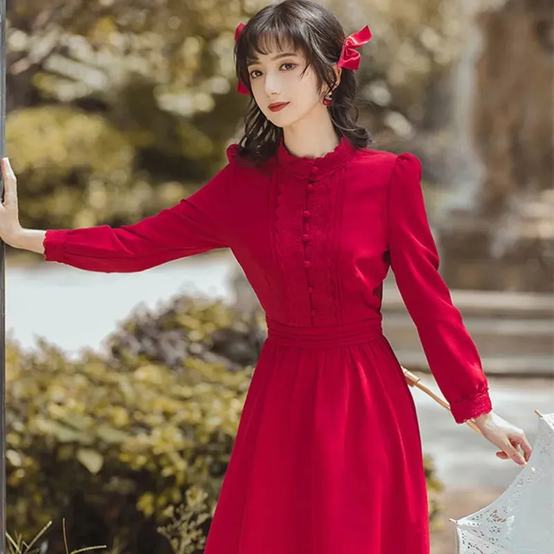 For Women Dresses Autumn And Winter Long Sleeved V Neck Pleated A Line  Skirt In The Long Skirt Long Sleeve Swing Party Dress