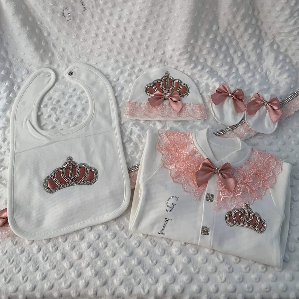 Baby Girl Boy Princess Prince Hospital Exit Newborn Bling Outfits Baby Bottles Gift Set Shower Gift 5pcs Crown Romper kids clothes set baby girl clothing set