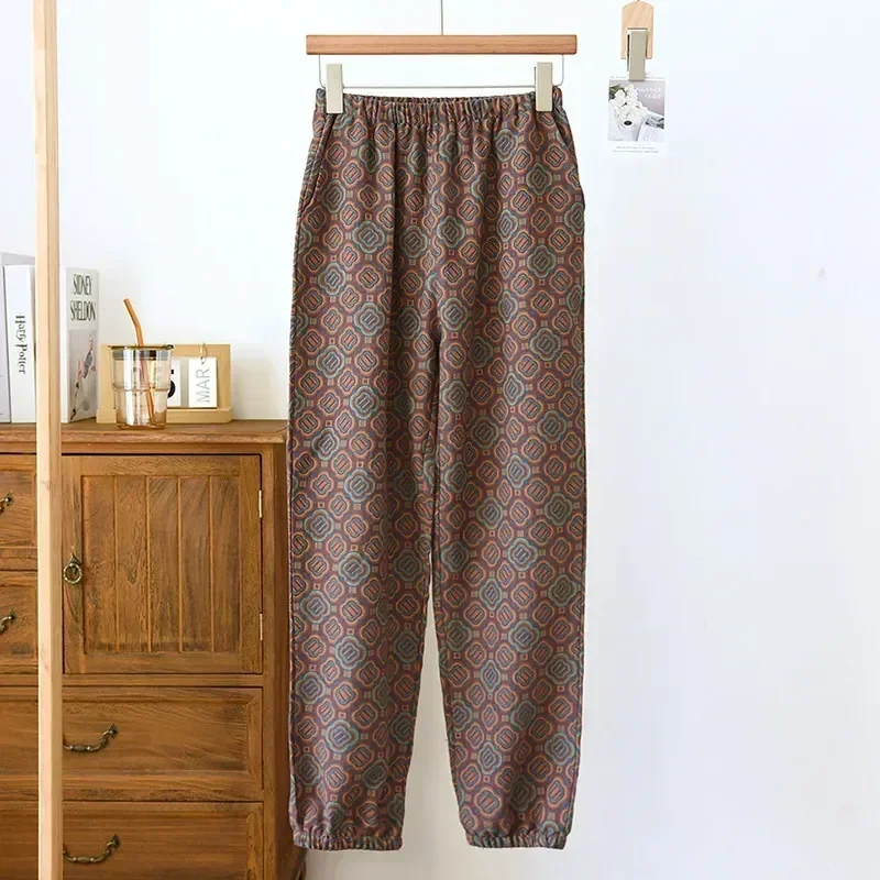 

Хлопковые Штаны для дома из крепа с листьями Новинка Весенняя Пижама свободные тонкие летние большие женские удобные брюки 2023