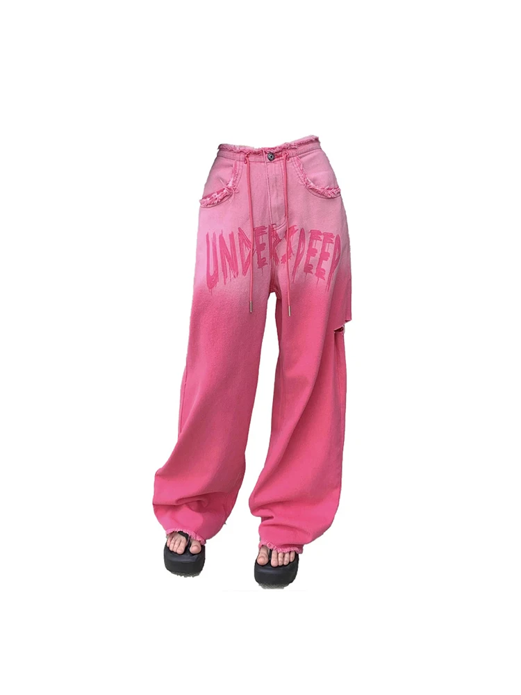 

Women's Rose Red Baggy High Waist Jean Pants Korean Y2k 90s Gradient Denim Trousers 2000s Wide Leg Pants Jeans Vintage Clothes