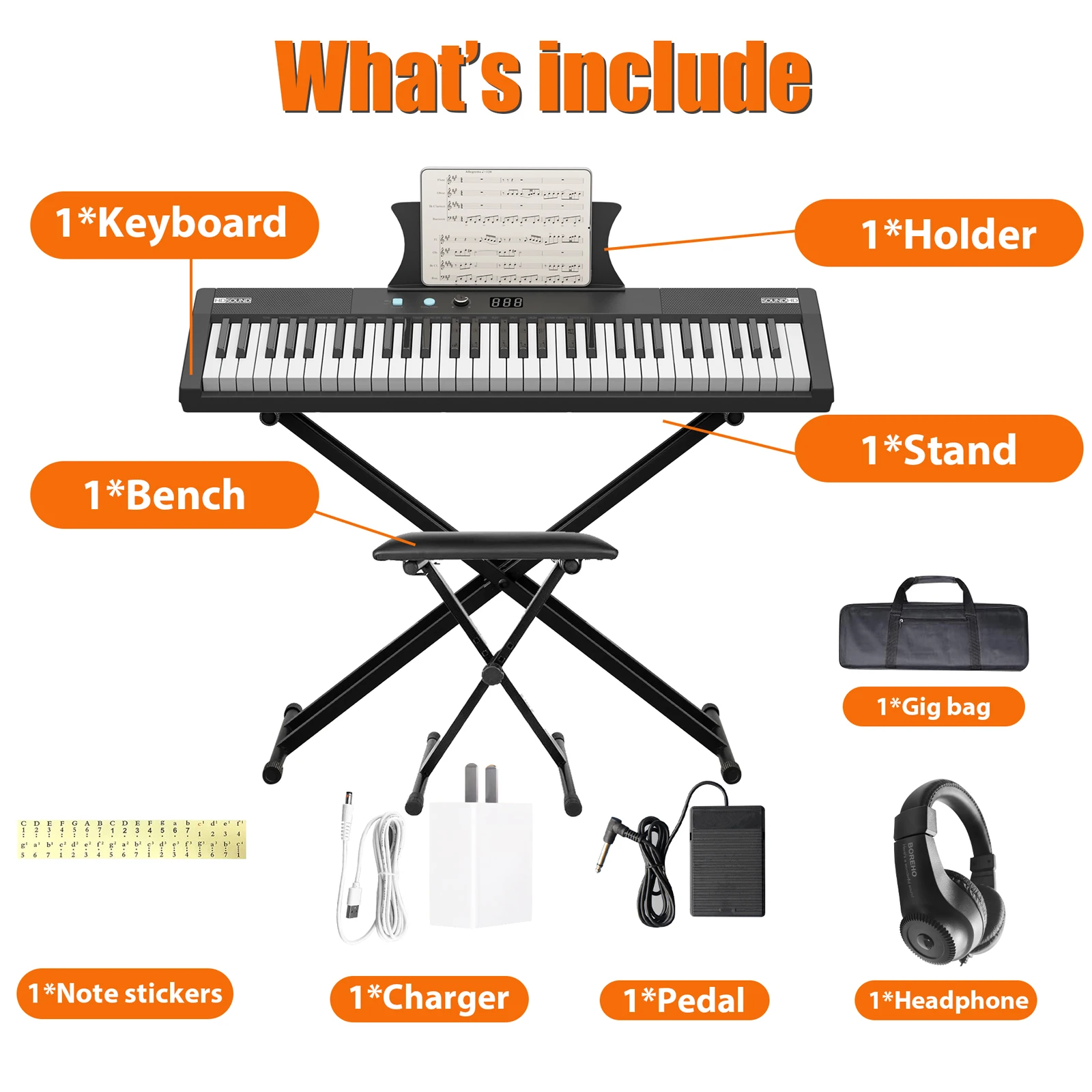 61 Key Keyboard Piano Protable Electric Semi-Weighted Piano Keyboard for Beginner/Professional, With Power Supply