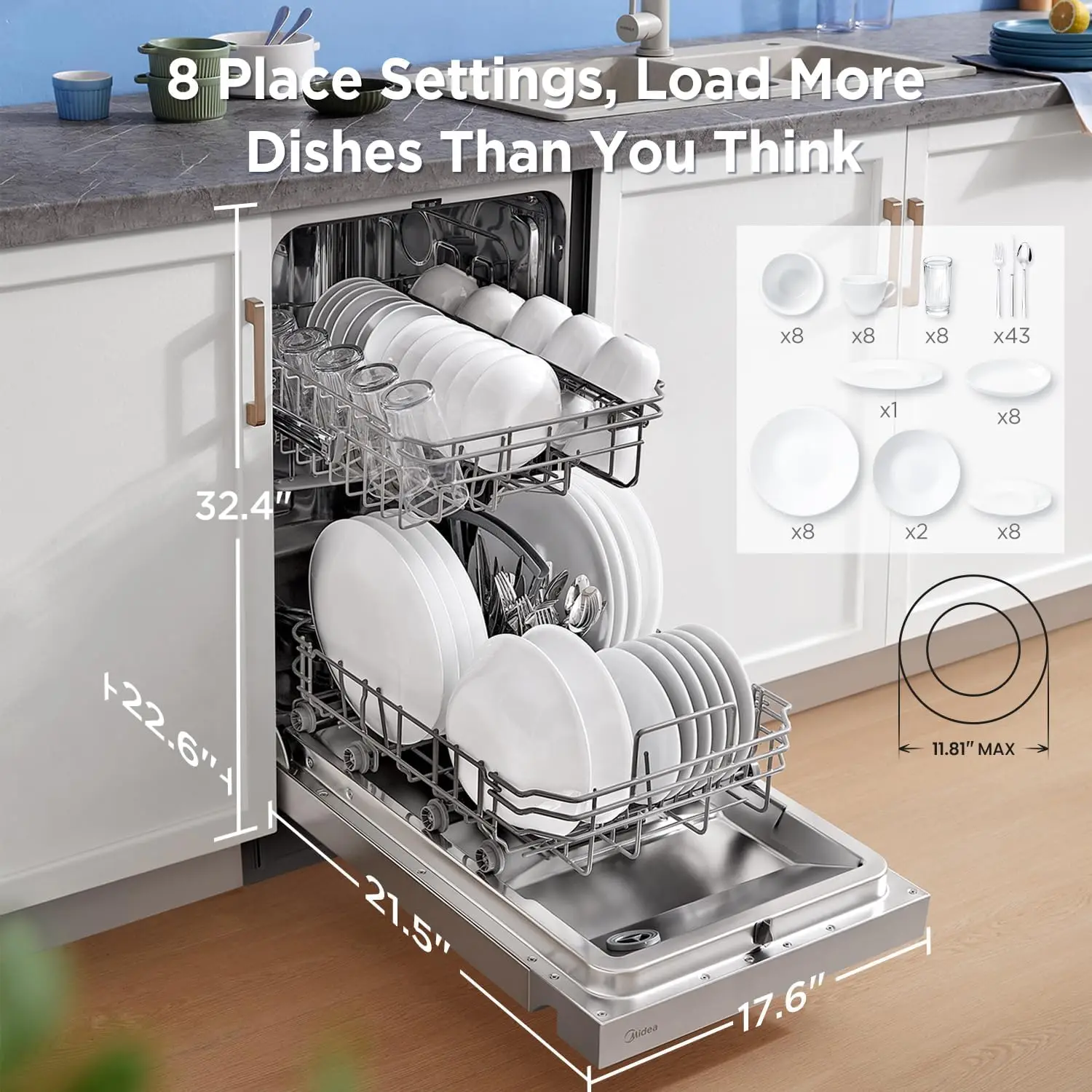 Built-in Dishwasher with 8 Place Settings, 6 Washing Programs, Stainless Steel Tub, Heated Dry, Energy Star 3