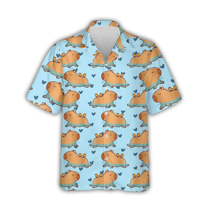 Summer Hawaiian 3D Cute Animal Capybara Printing Shirts Hydrochoerus Hydrochaeris Graphic Short Men Funny Clothing
