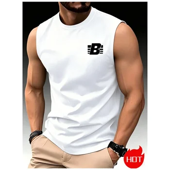 T-shirt senza maniche da uomo, girocollo, canotta da corsa, top estivo sottile, stampa a righe B, gilet ad asciugatura rapida, t-shirt fitness traspiranti