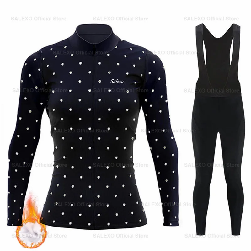 2025 Women Winter Thermal Fleece Cycling Jersey Set Bib Pants Long Sleeve Ropa Ciclismo Bicycle Clothing MTB Bike Jersey Uniform 3