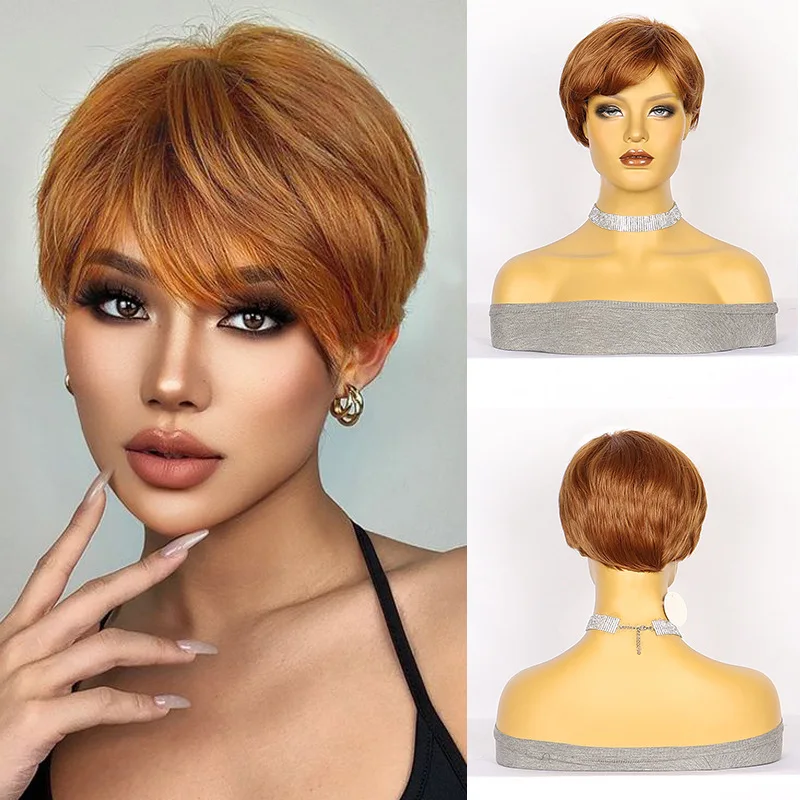 Short Pixie Cut Brown Wigs Micro-volume hair Natural Wigs With Bangs Highlight Brown Brazilian Fake Hair For Women