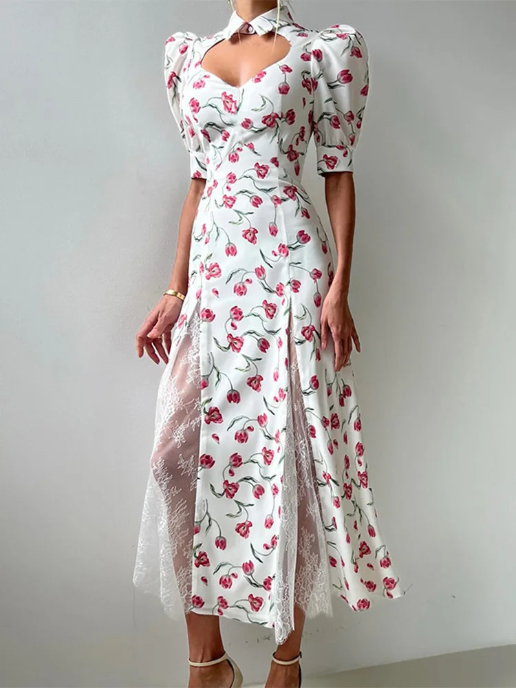 slim fit dress slacks Floral Print Lace Patchwork Long Sleeve Midi Dress – Micas main image 0