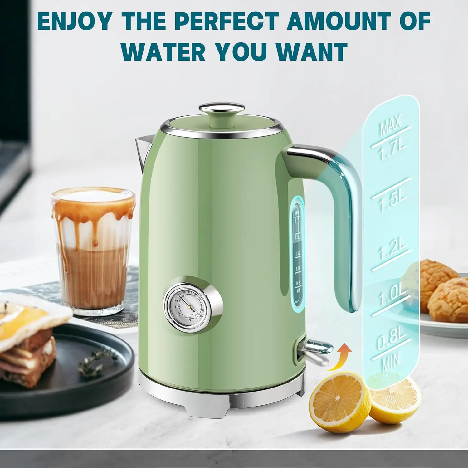 Electric Kettle - 57oz Hot Tea Water Boiler with Thermometer, 1500W Fast Heating Stainless Steel Pot, Cordless LED Indic 5