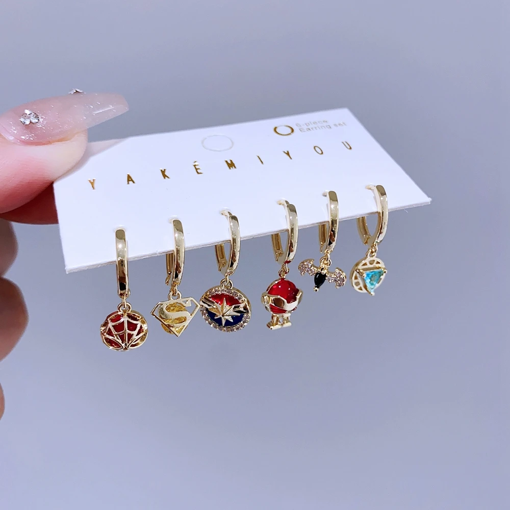 6pcs/Set Cool Mixed Movie Hero Pendants Huggie Hoop Earrings for Women Gold Color Zircon Crystal Jewelry 3