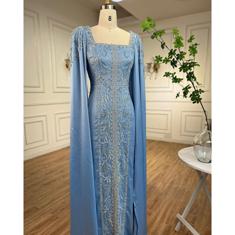 Serene Hill Blue Muslim Elegant Mermaid Cape Sleeves Evening Dresses Arabic Beaded Gowns 2023 For Women Wedding Party LA72050