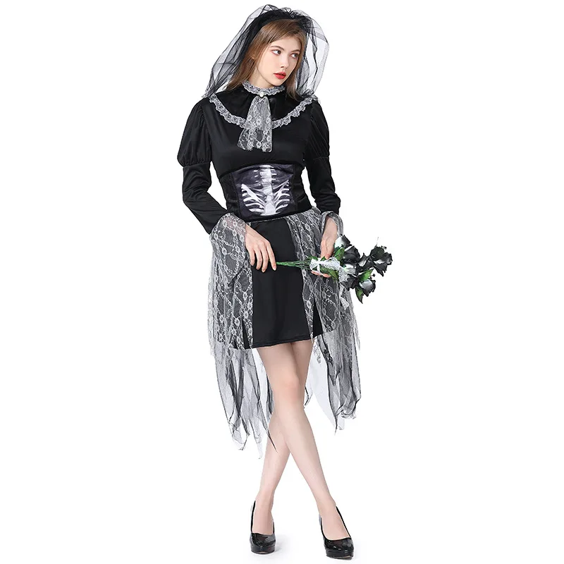 Gothic Woman Black Lace Corpse Bride Cosplay Female Halloween Skeleton Ghost Costume Carnival Purim Parade Role Play Party Dress