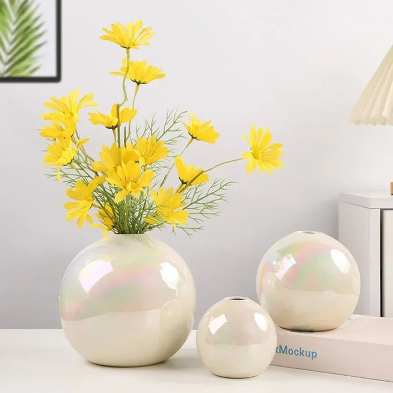 

Pearl Colored Ceramic Ball Vase Home Decoration Ornaments Flower Pot Modern Art Living Room Porch Table Decor Accessories Office