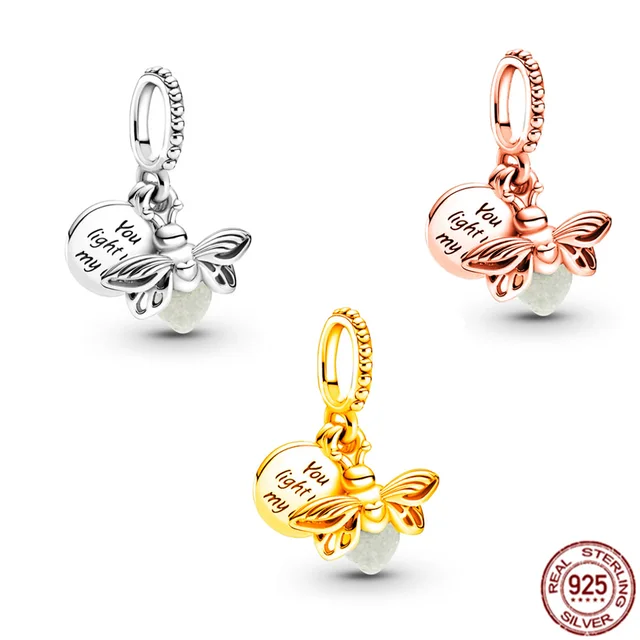 925 Sterling Silver Rose gold ; Gold Plated Glow-in-the-dark Firefly Dangle Charm Bead Fit Original Pandora Bracelet DIY Jewelry