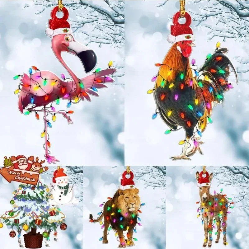 

New Christmas Decorations Acrylic Pendant Cock Deer Flamingo Lion Pendant Festival Decorations Xmas