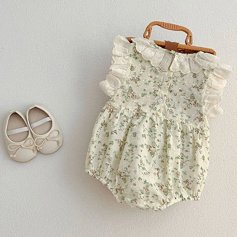 여름 Jumpsuit  소녀 Bodysuits 0-24M  소녀 Romper 레이스   Jumpsuit 귀여운 꽃 프린트 Ruffle Sunsuit 의상