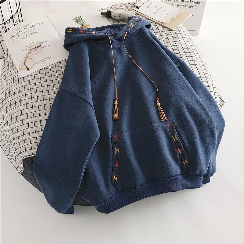 

Korean Autumn Winter Women's Hooded Pullovers Loose Basics Long Sleeve Sweatshirts Ladies Solid Fleece Thicked Tops Coats