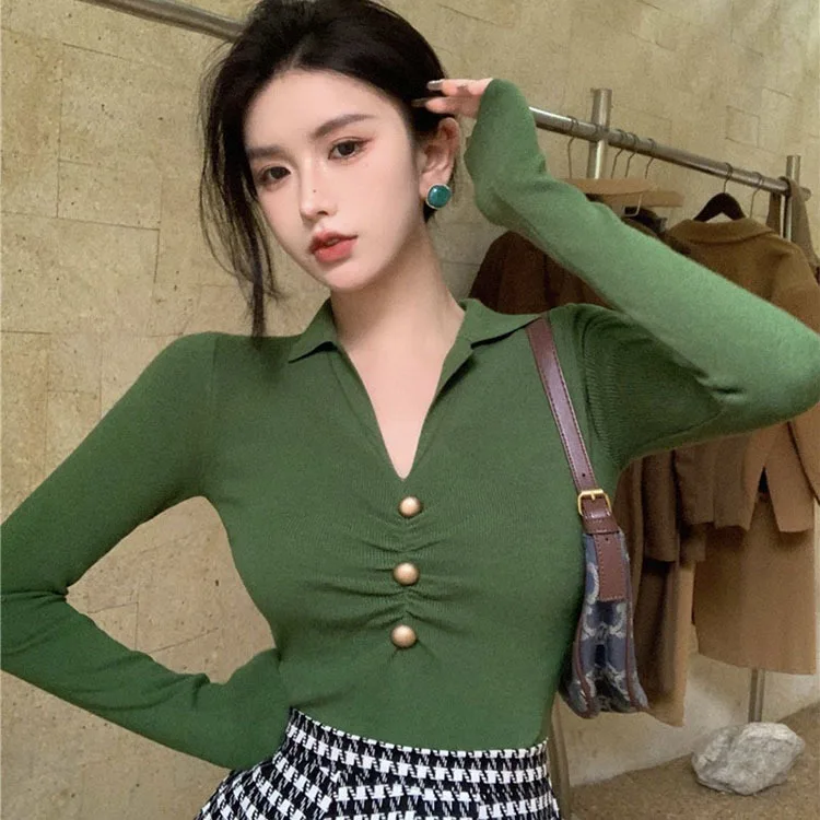 Spring Vintage Knitted Sweater Pullover Basic V Neck Long Sleeve Slim Fit T-shirt Female Autumn Jumpers Top Y2K Women Clothes cardigan for women