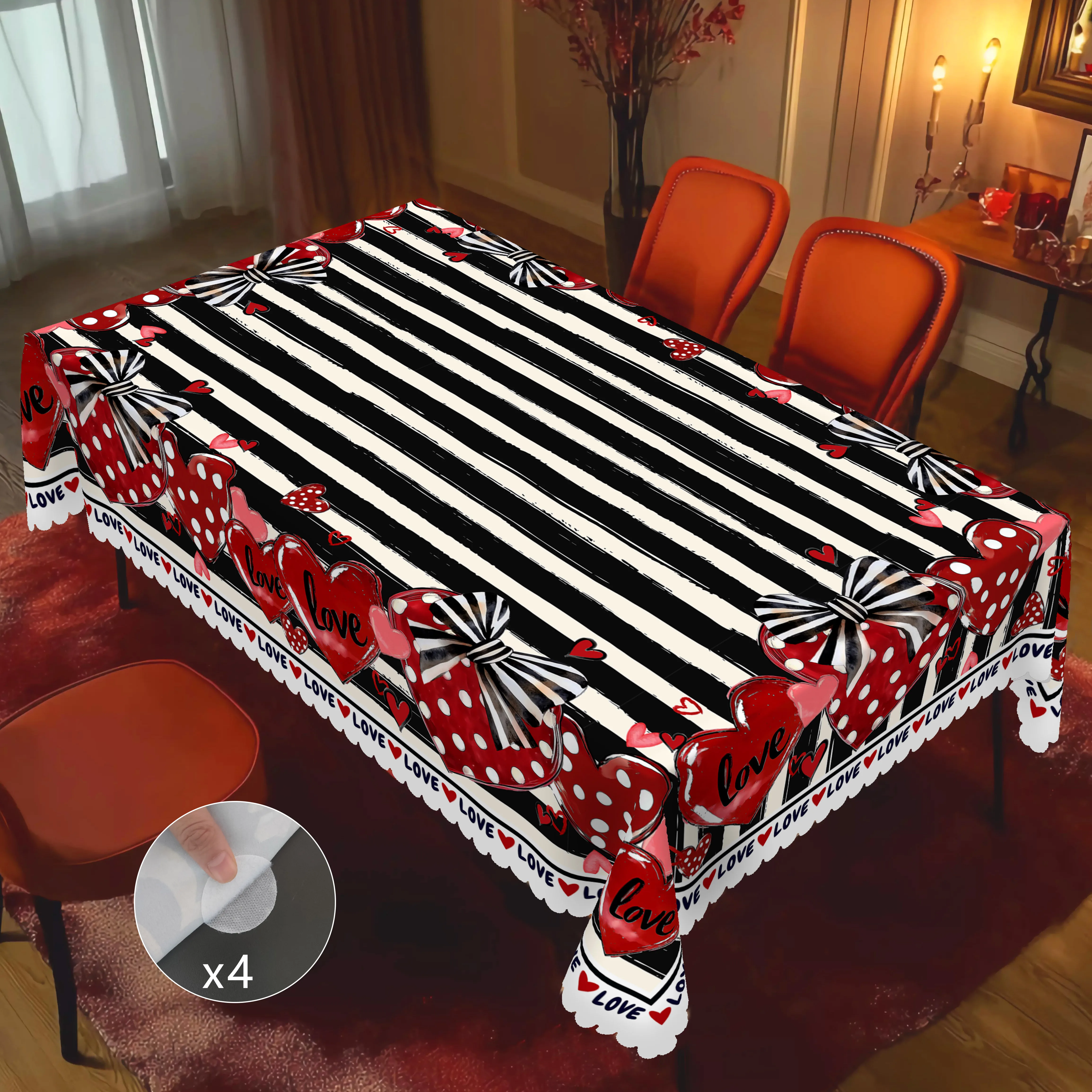 1 Piece Valentine's Day Round Tablecloth, 5 Sizes Available, Black and White Stripes Love Printed Tablecloth, Matching 4 Tablecloth Stickers, Edge Embossing Process, Valentine's Day Garden Tablecloth Decoration, for Daily Home Kitchen, Terrace, Gift