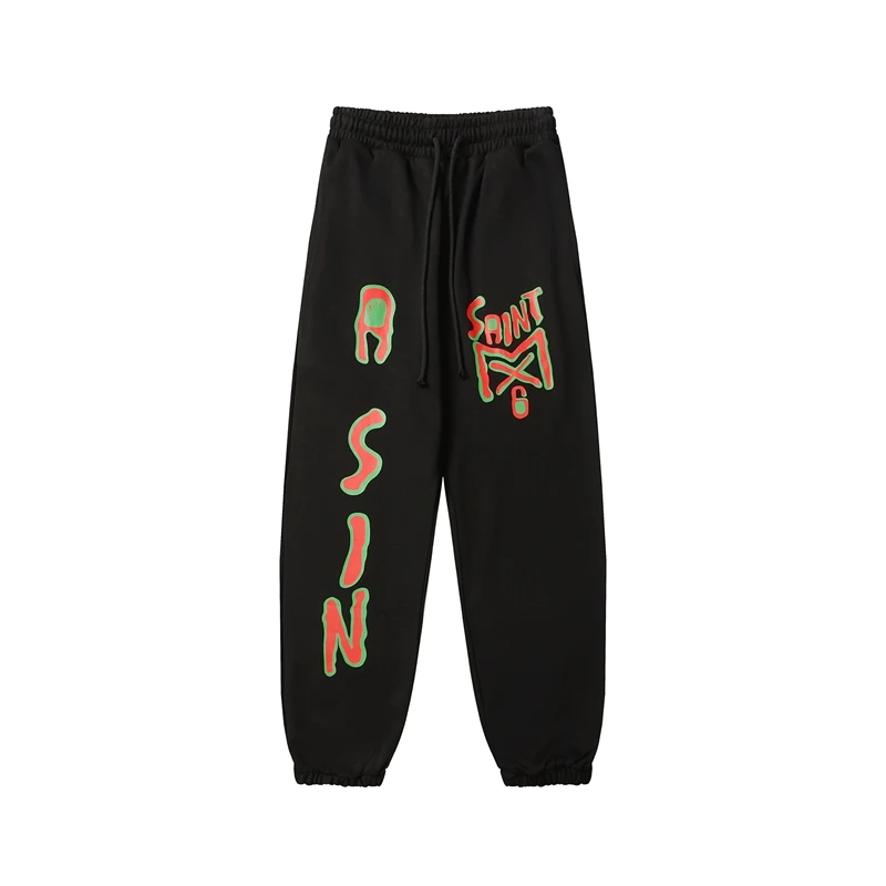 

2024ss Saint Michael Sweatpants Men Women High Quality Oversized Destroy Jogger Drawstring Black Pants Red letter Print Trousers