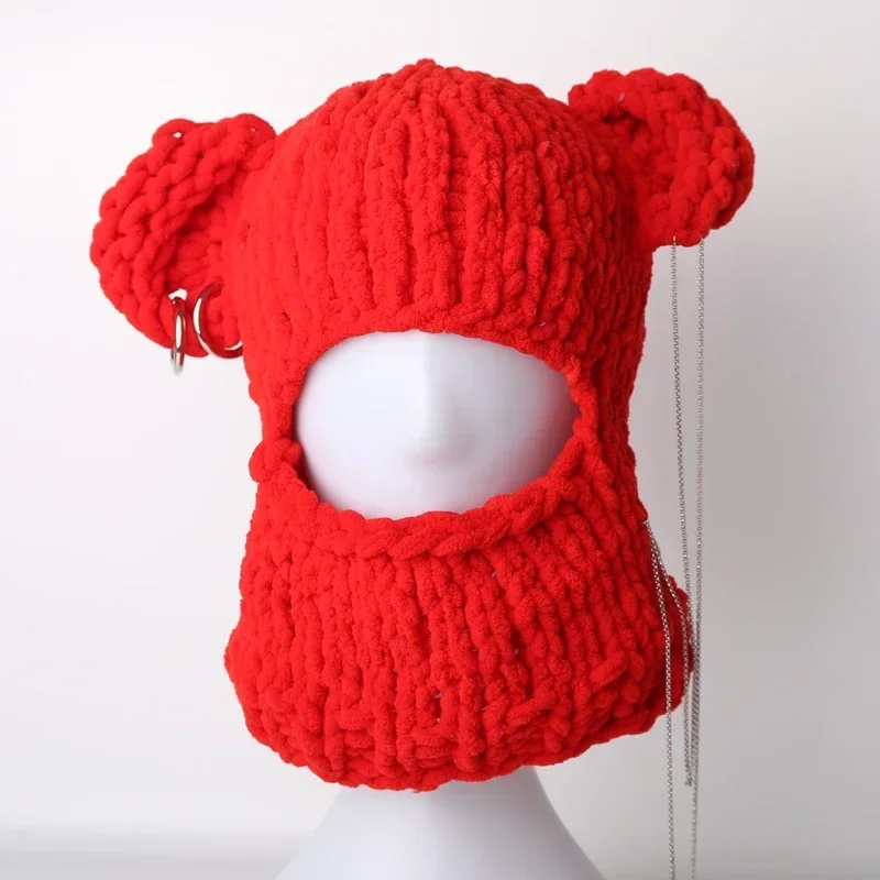 Novelty Bear Ear Balaclava Beanies Chain Outdoor Ski  Winter Hat for Women Ear Protection Knitted Hat 4