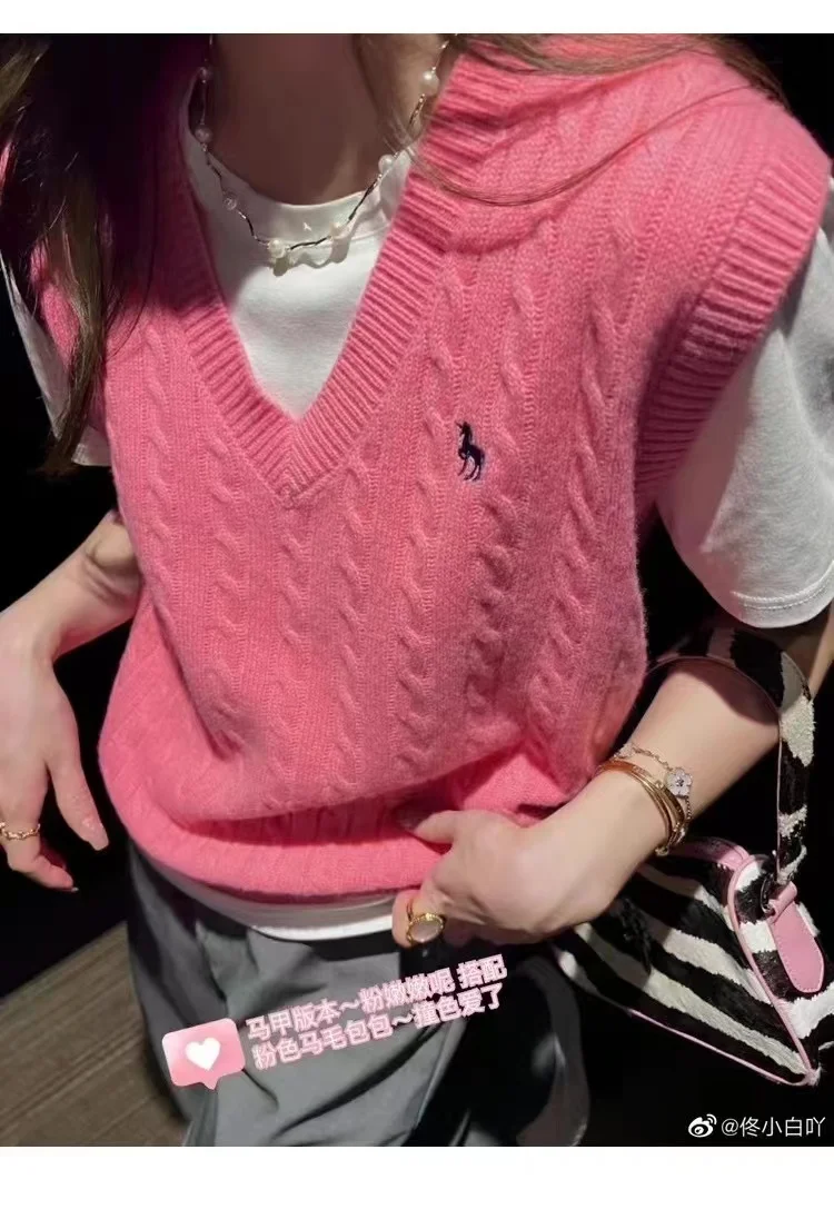 여성용 포니 자수 캐시미어 니트 조끼 풀오버 탱크탑, V넥 스웨터 캐미솔, 가을 및 겨울, 하이엔드 패션 