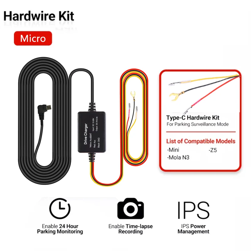 4G Hardwire Kit Car DVR Cable for DDPAI 12/24V Type-C USB Car Charger 4M Hard Wire Hardwire Kit for DDPAI Mini 5/ Z40 / Z50 / Mola N3 Pro Dash Cam