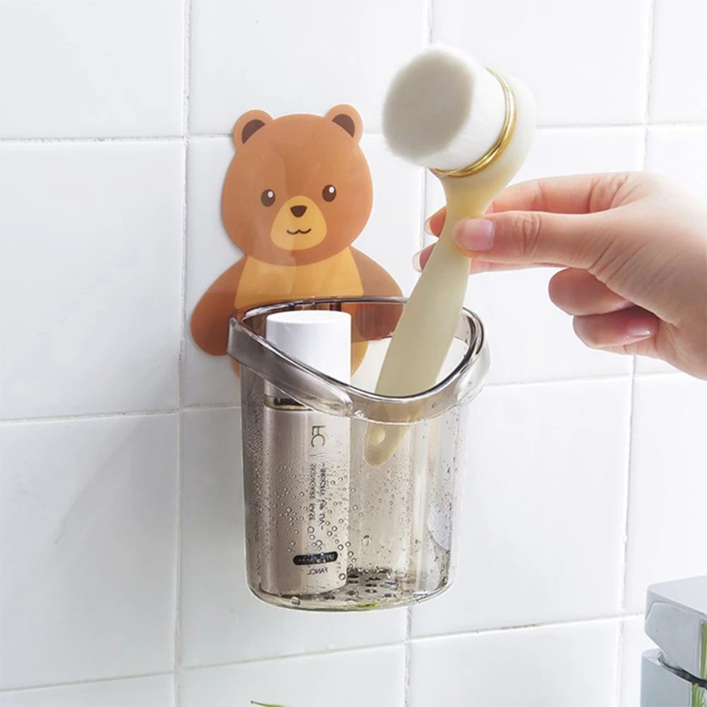 1pc Bear Storage Cup Wall Mount Toothbrush Toothpaste Cup Holder Case Bathroom Accessories