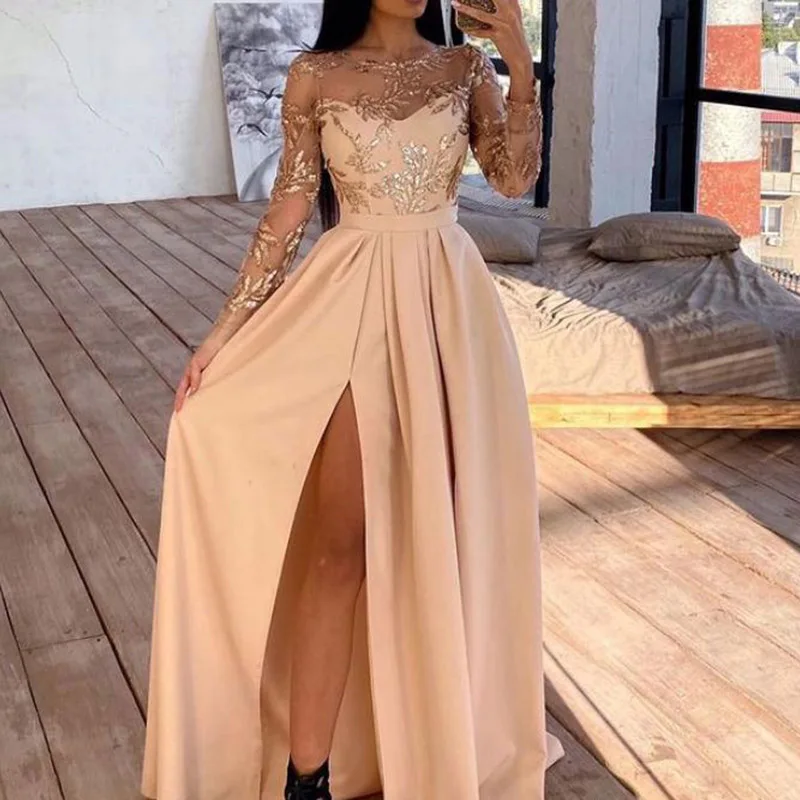 

Women Elegant Embroidery Lace Party Dress Autumn Fashion O-Neck High Slit Long Dress Ladies Sexy Backless Beach Dresses Vestido