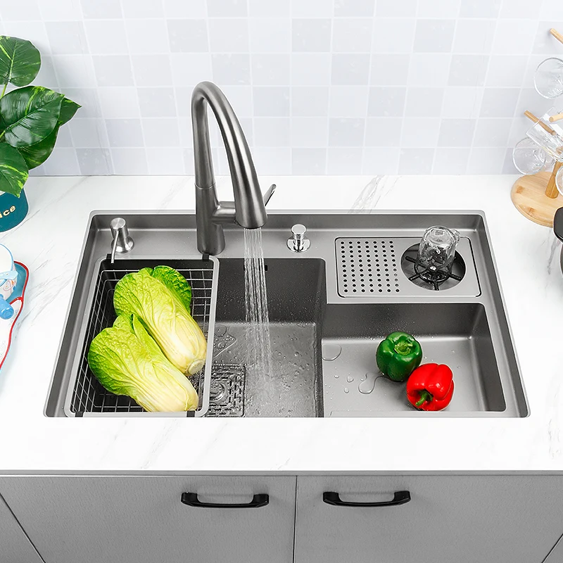 

Grey Drop In Kitchen Sink Workstation Undermount Single Bowl 304 Stainless Steel Kitchen Sink with Drain Basket accessories